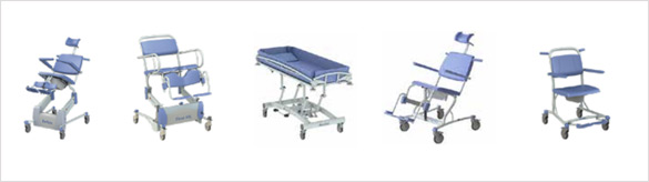 Mobile shower chairs and changing tables on wheels & with armrests